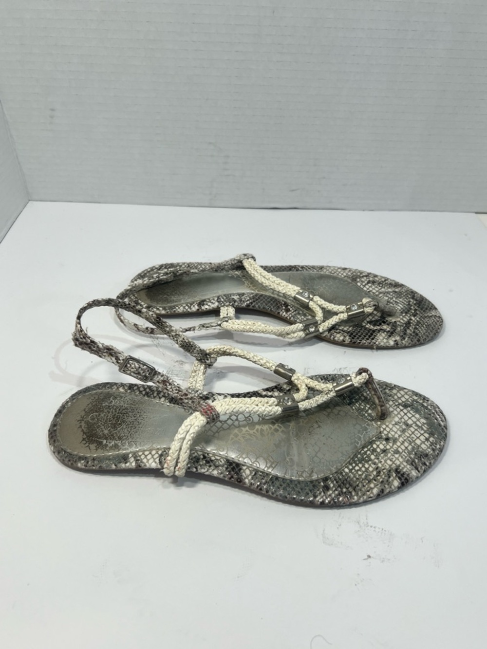 Cathy Jean Braided T-Strap Sandals in Cream and Gray Snakeprint